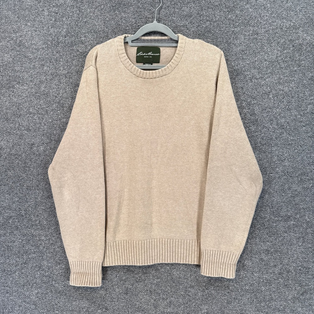 Eddie Bauer Fisherman Sweater Mens Medium Tan Combed Cotton Crewneck Knit